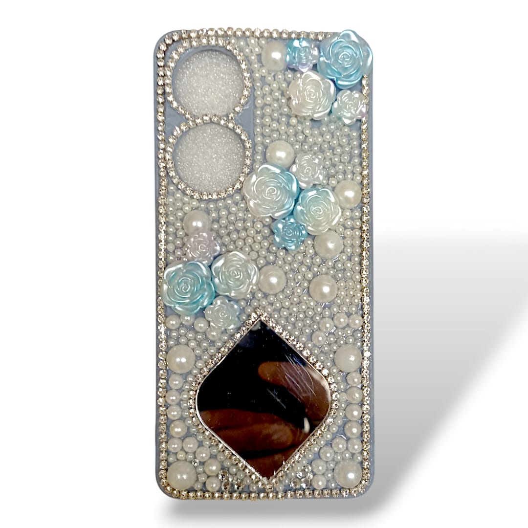 3D pearl and rhinestone phone case with mirror